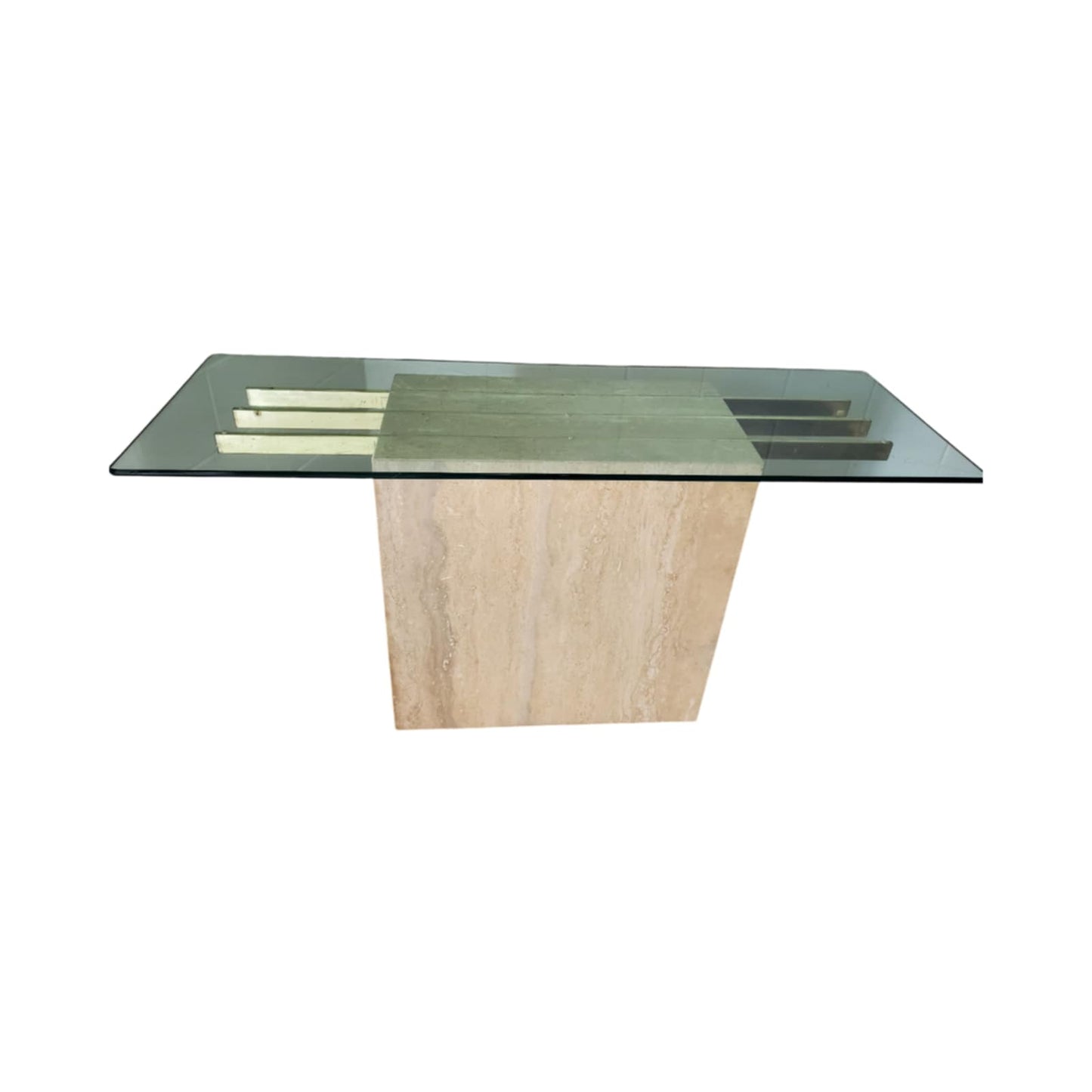 Italian Travertine Glass Console Table/ Travertine Sofa Table/ Vintage Entryway Table