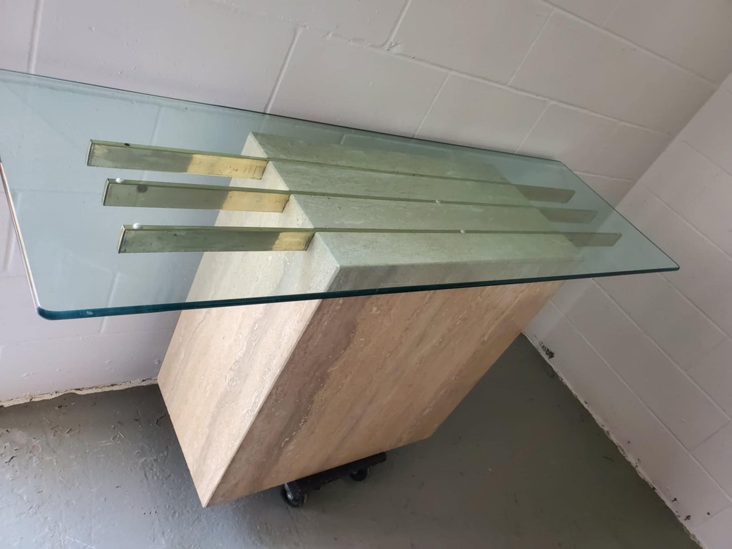 Italian Travertine Glass Console Table/ Travertine Sofa Table/ Vintage Entryway Table