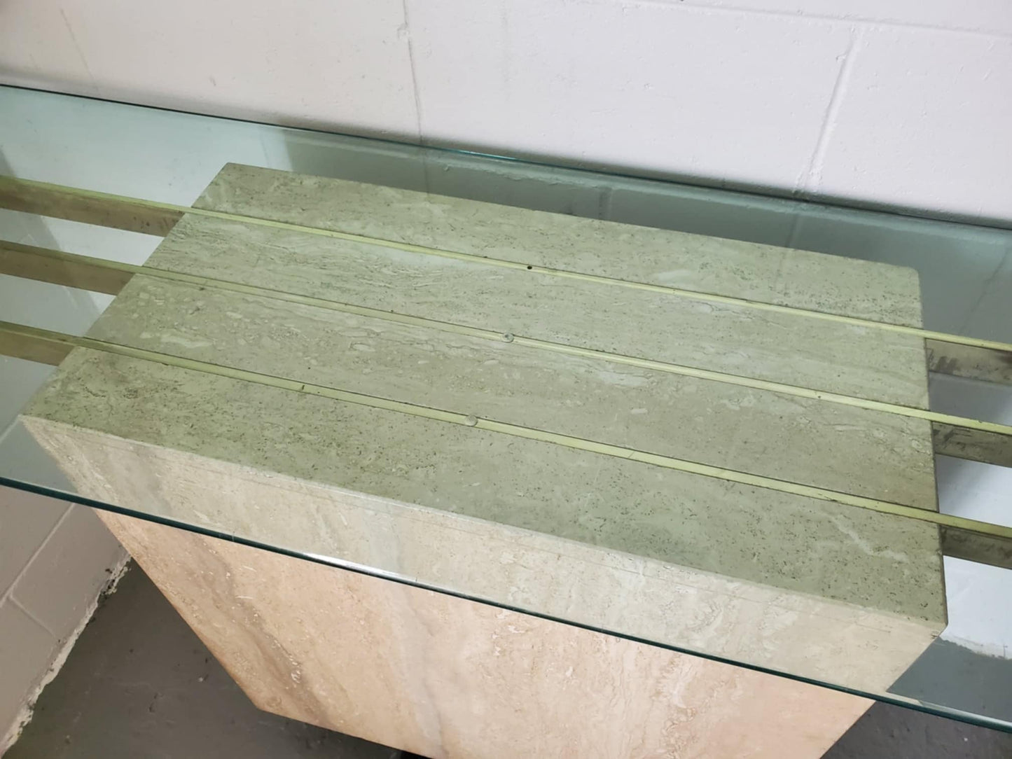 Italian Travertine Glass Console Table/ Travertine Sofa Table/ Vintage Entryway Table