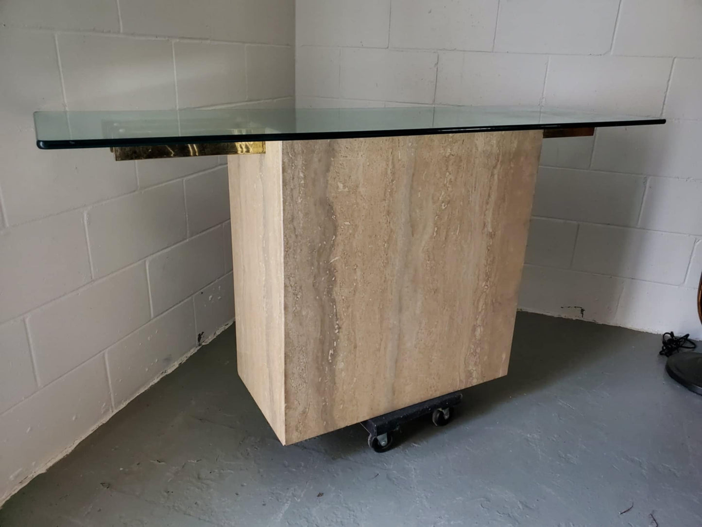 Italian Travertine Glass Console Table/ Travertine Sofa Table/ Vintage Entryway Table