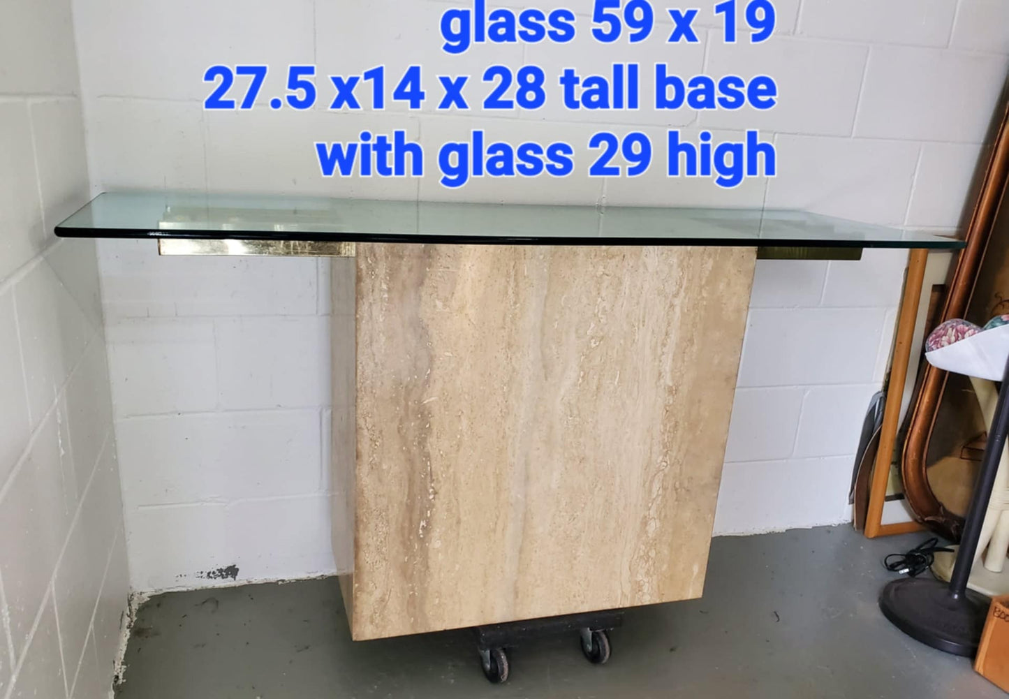 Italian Travertine Glass Console Table/ Travertine Sofa Table/ Vintage Entryway Table