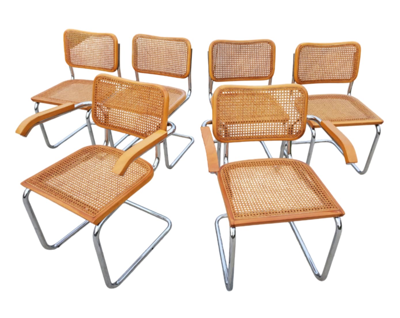 Italian MCM Marcel Breuer 'Cesca' Dining Chairs/ Italian Cantilevered Chrome And Cane Chairs/Set of 6