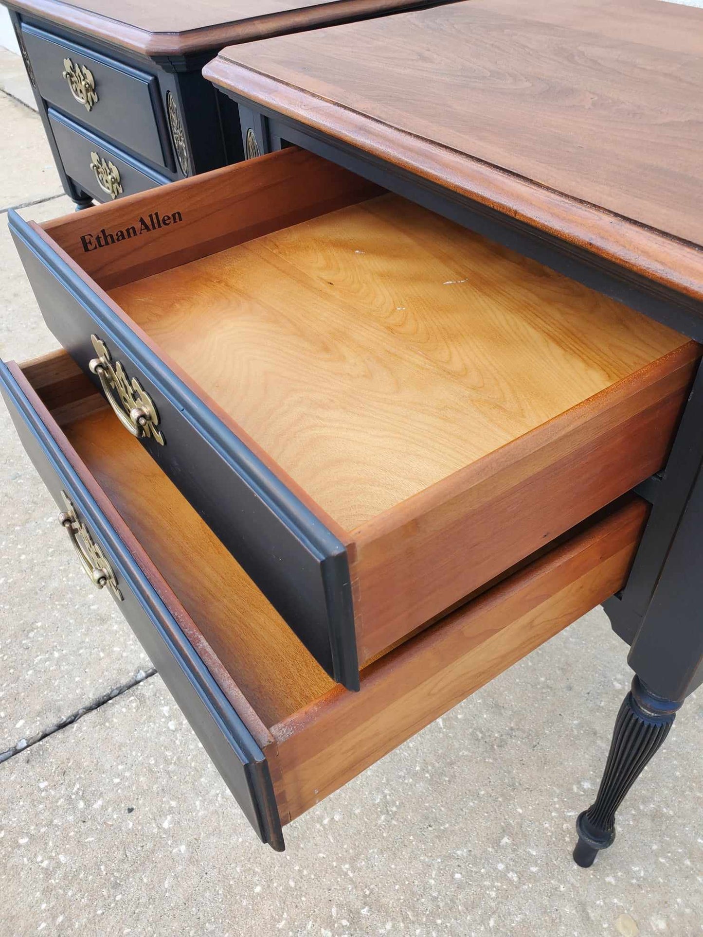 SOLD**SOLD**Ethan Allen Vintage Nightstands/ Ethan Allen Vintage End Tables/ Vintage Two Drawer Tables/ Pair of Refinished Tables