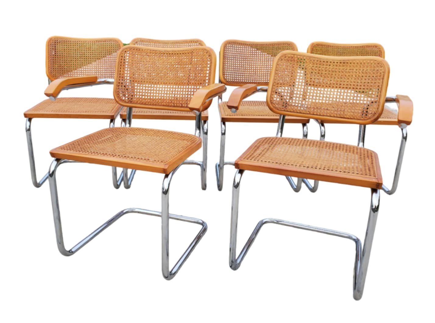 Italian MCM Marcel Breuer 'Cesca' Dining Chairs/ Italian Cantilevered Chrome And Cane Chairs/Set of 6