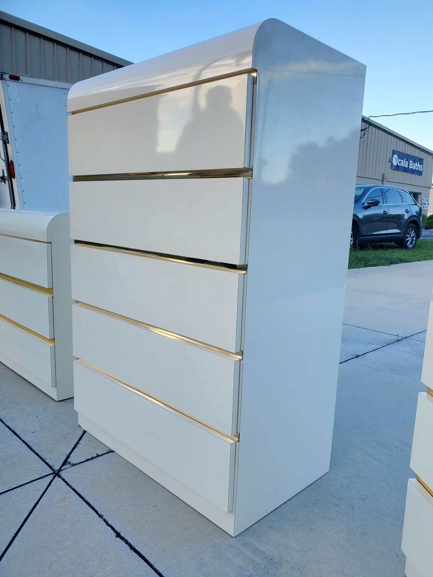 Post Modern Laminate Waterfall Chest With Brass Accents/Vintage White Laminate Chest