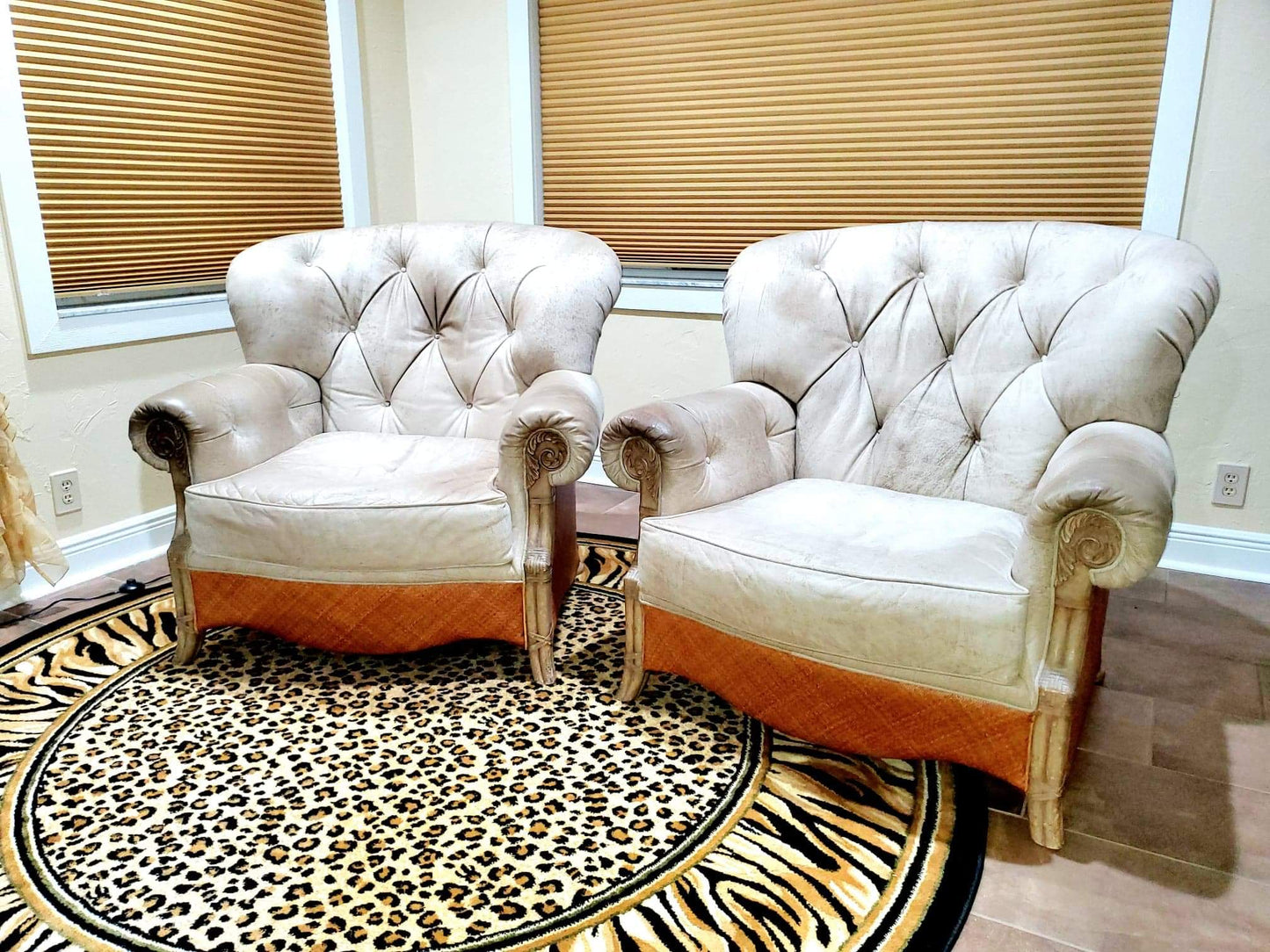 Oversized Occasional Chairs/Overstuffed Leather and Rattan Chairs (Pair)