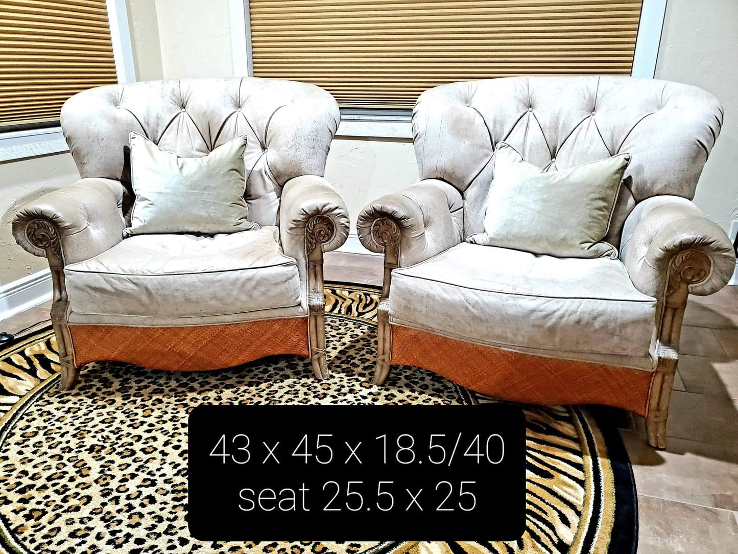 Oversized Occasional Chairs/Overstuffed Leather and Rattan Chairs (Pair)