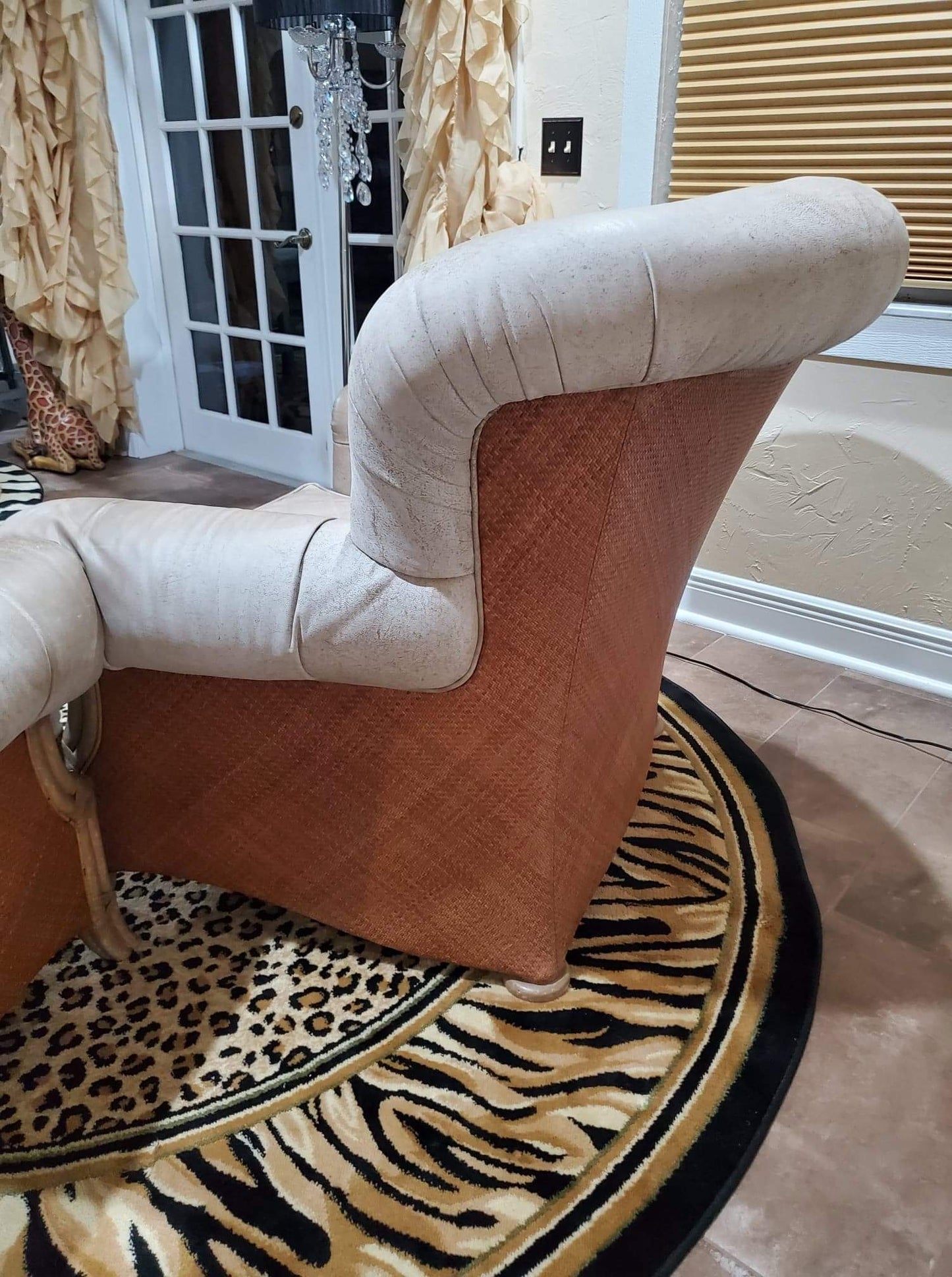 Oversized Occasional Chairs/Overstuffed Leather and Rattan Chairs (Pair)