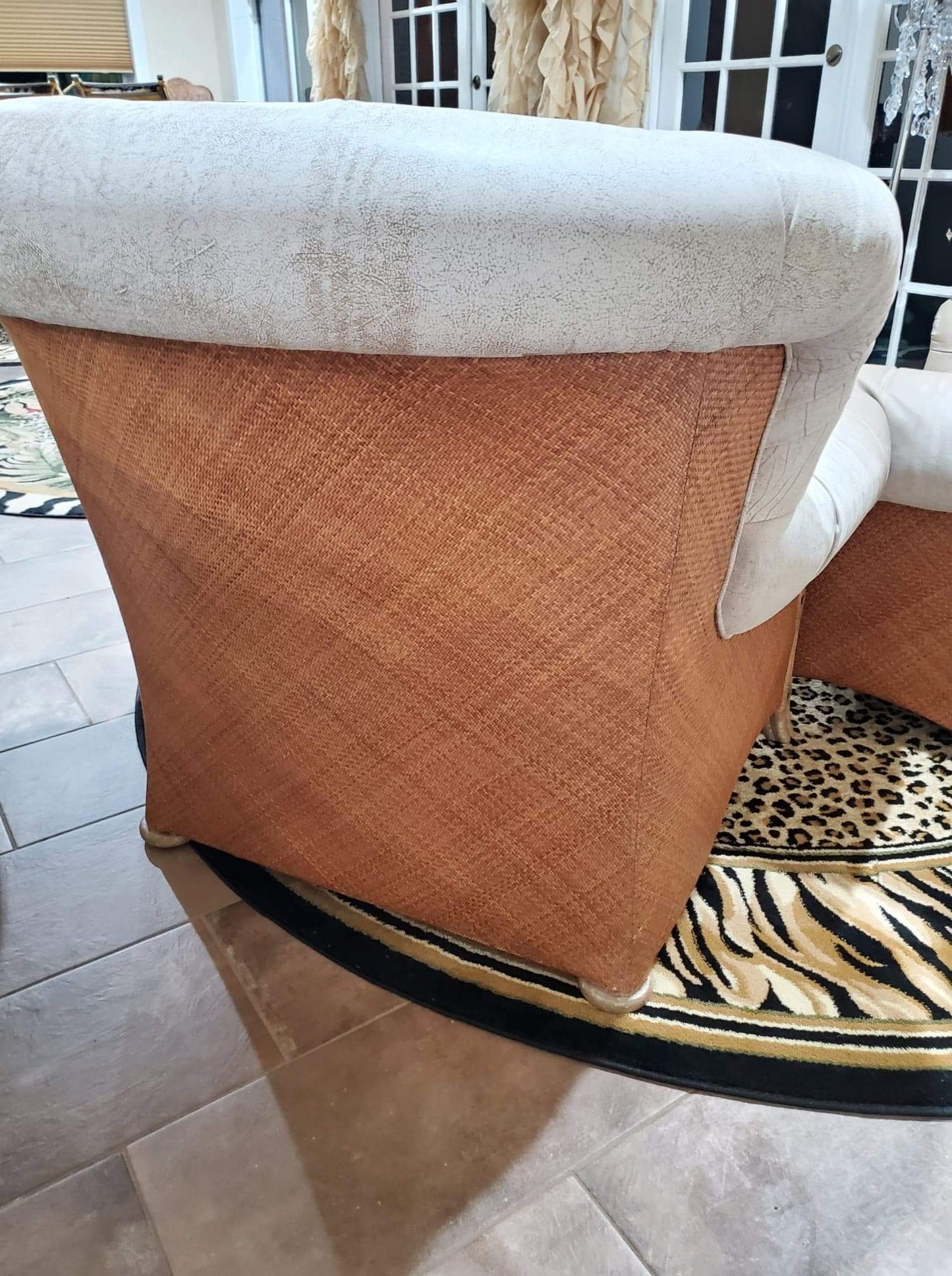 Oversized Occasional Chairs/Overstuffed Leather and Rattan Chairs (Pair)