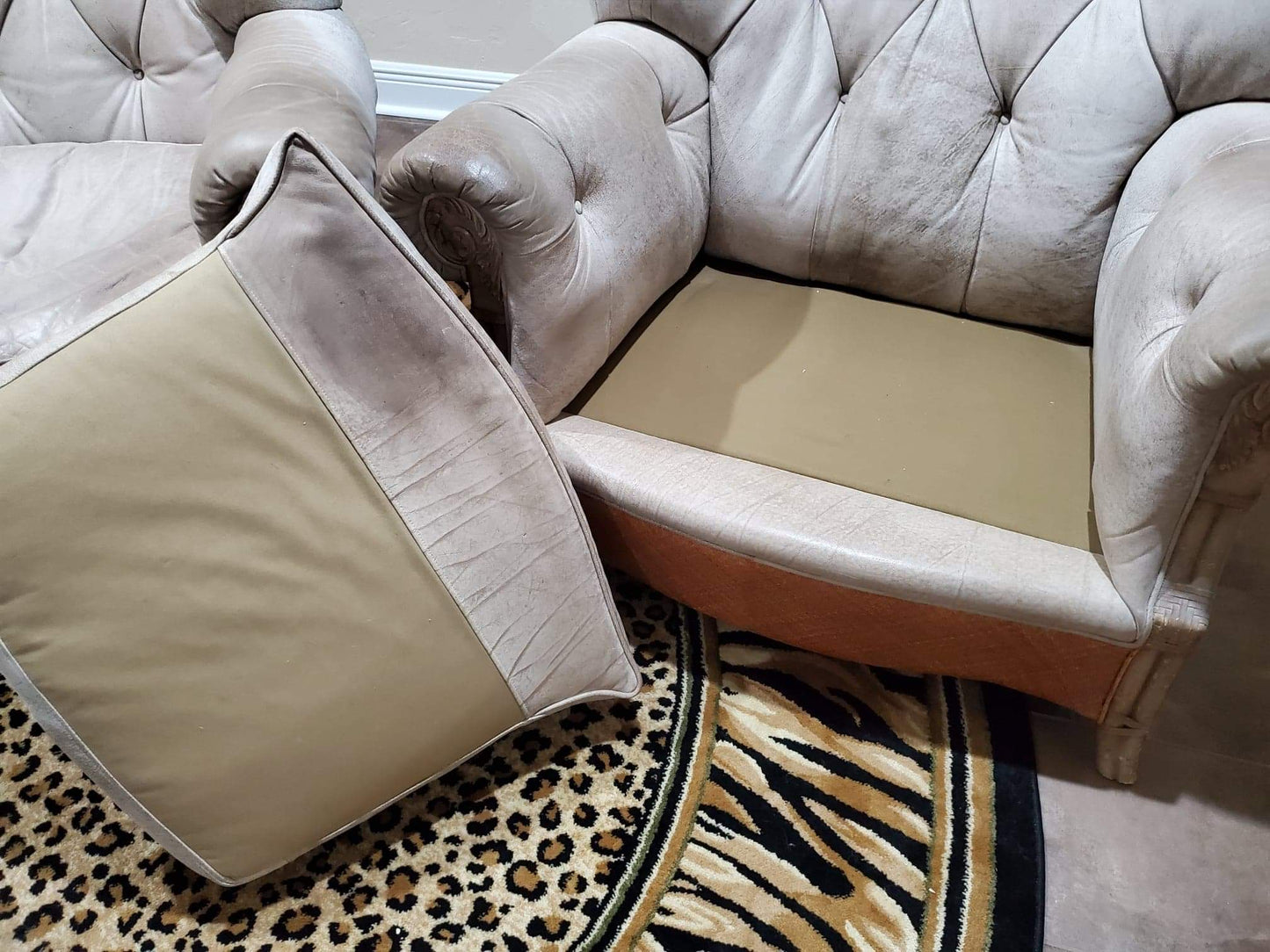 Oversized Occasional Chairs/Overstuffed Leather and Rattan Chairs (Pair)