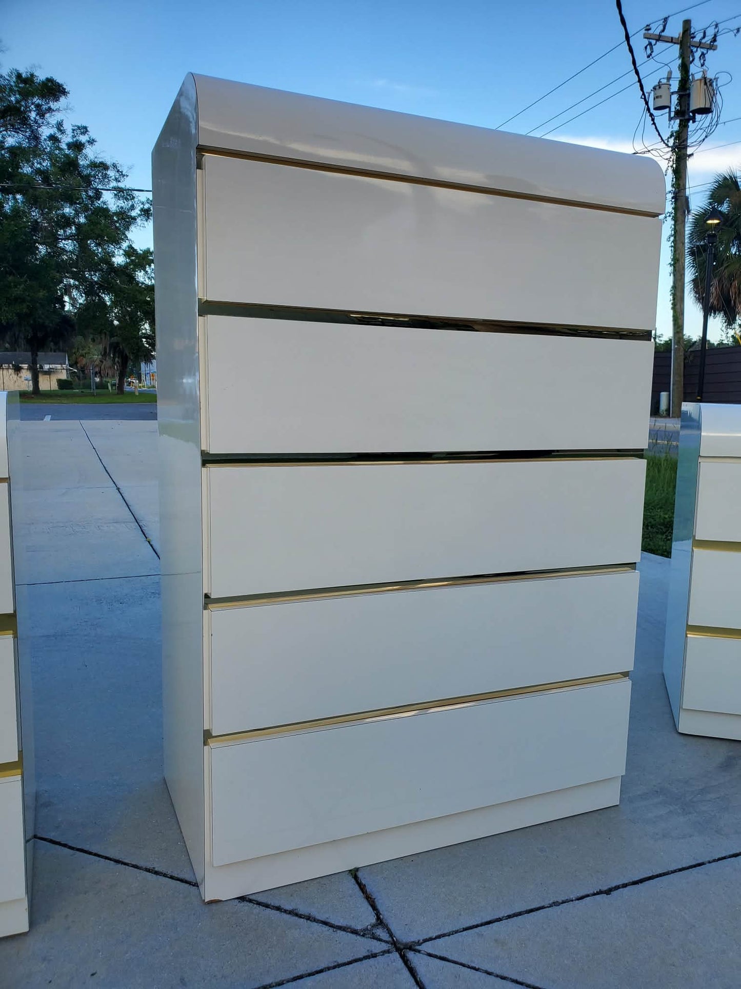 Post Modern Laminate Waterfall Chest With Brass Accents/Vintage White Laminate Chest