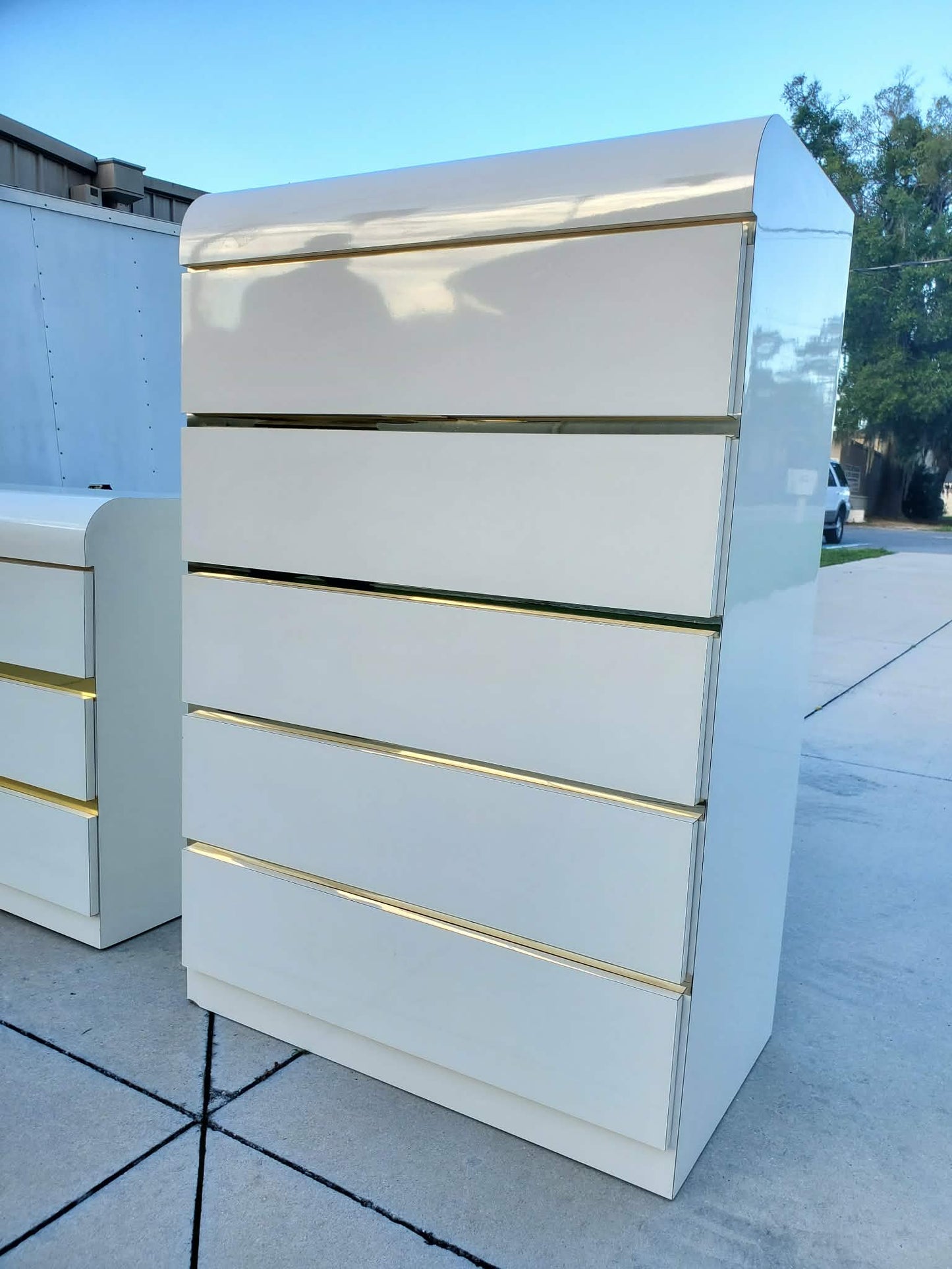 Post Modern Laminate Waterfall Chest With Brass Accents/Vintage White Laminate Chest