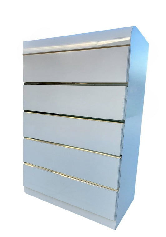 Post Modern Laminate Waterfall Chest With Brass Accents/Vintage White Laminate Chest