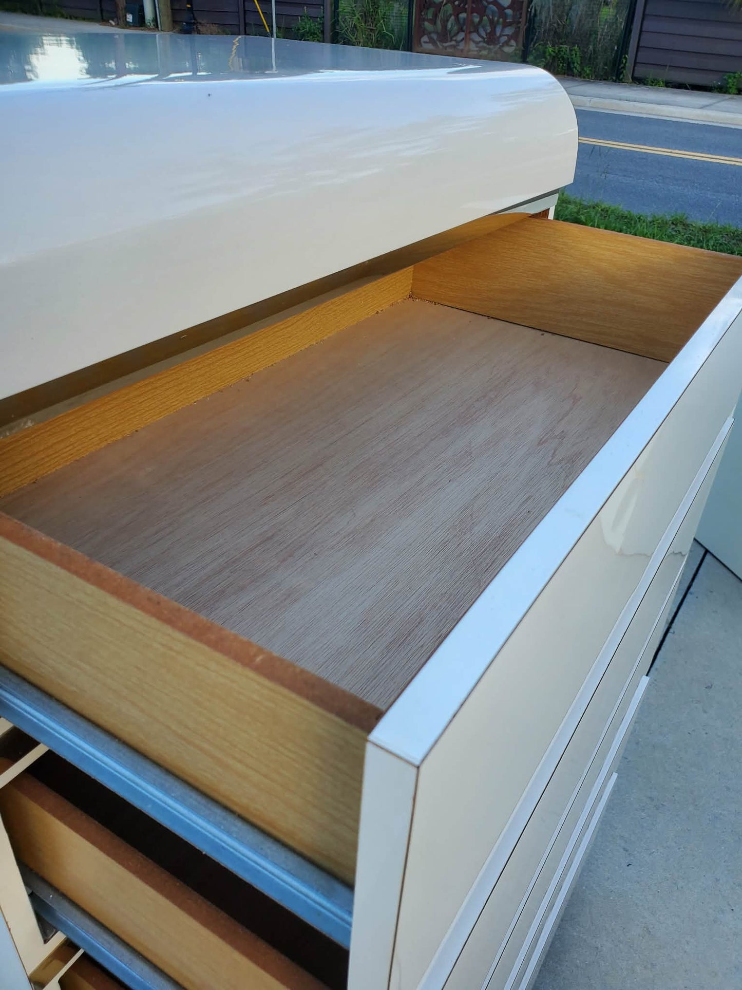 Post Modern Laminate Waterfall Chest With Brass Accents/Vintage White Laminate Chest