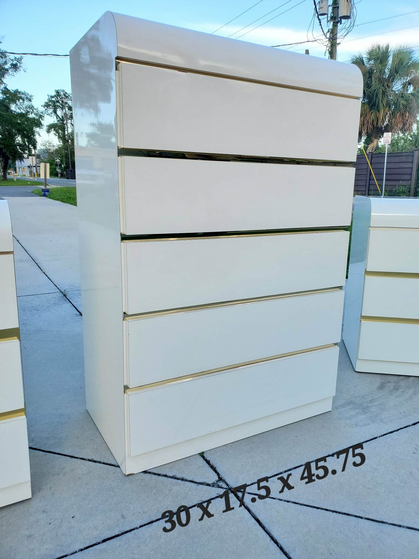Post Modern Laminate Waterfall Chest With Brass Accents/Vintage White Laminate Chest