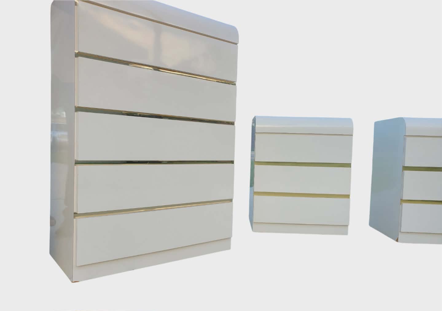 Post Modern Laminate Waterfall Chest With Brass Accents/Vintage White Laminate Chest