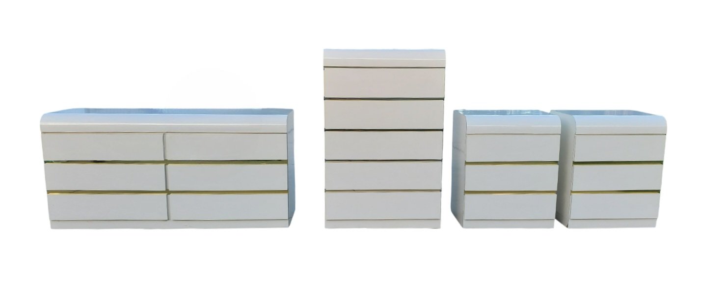 Post Modern Laminate Waterfall Chest With Brass Accents/Vintage White Laminate Chest