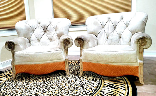 Oversized Occasional Chairs/Overstuffed Leather and Rattan Chairs (Pair)